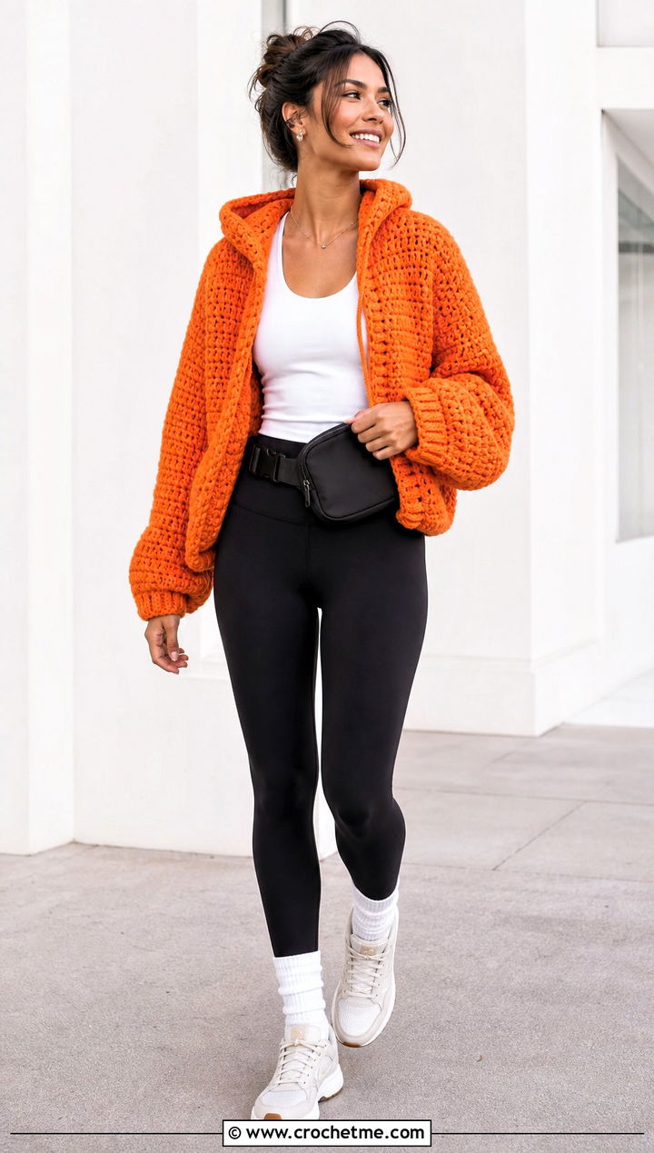 Hooded Crochet Sweater With Leggings - 25 Crochet Quick Sweater outfit ideas