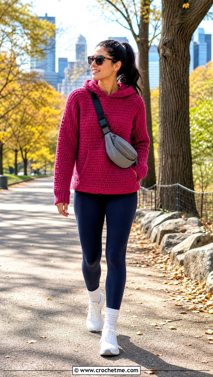 Hooded Crochet Sweater With Leggings And Sneakers - 30 fall crochet sweaters outfit ideas