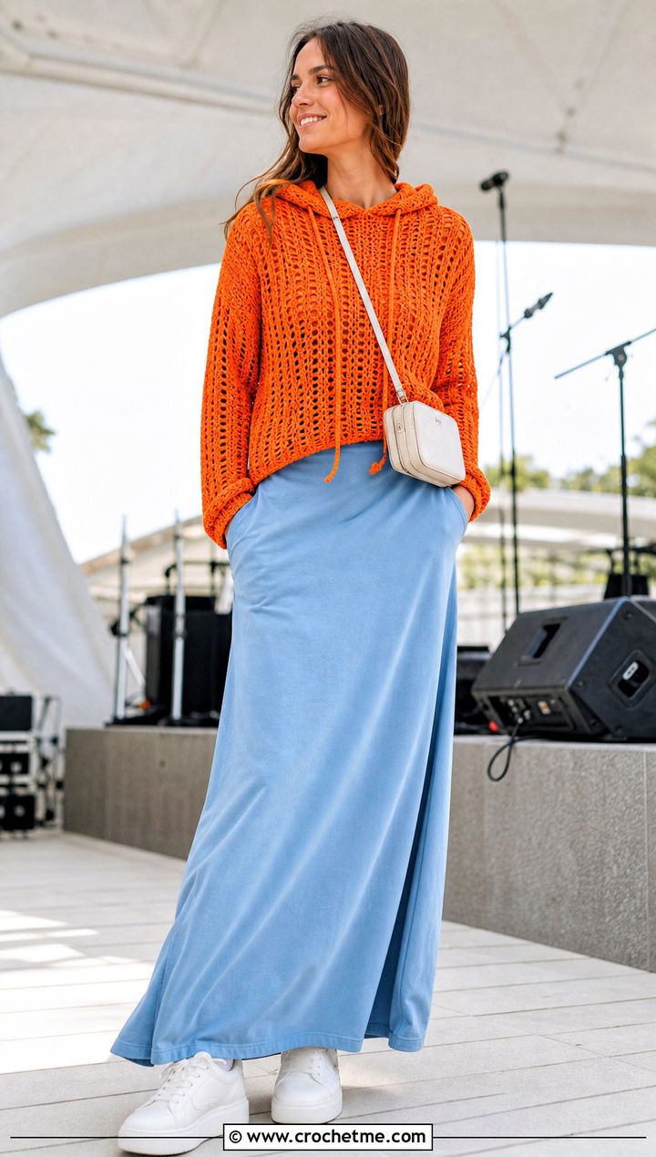 Hooded Crochet Sweater With Maxi Skirt - 25 taylor swift crochet sweater outfit ideas