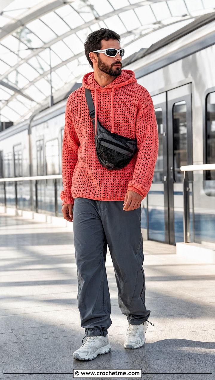 Hooded Crochet Sweater With Nylon Pants - 30 male crochet sweater outfit ideas