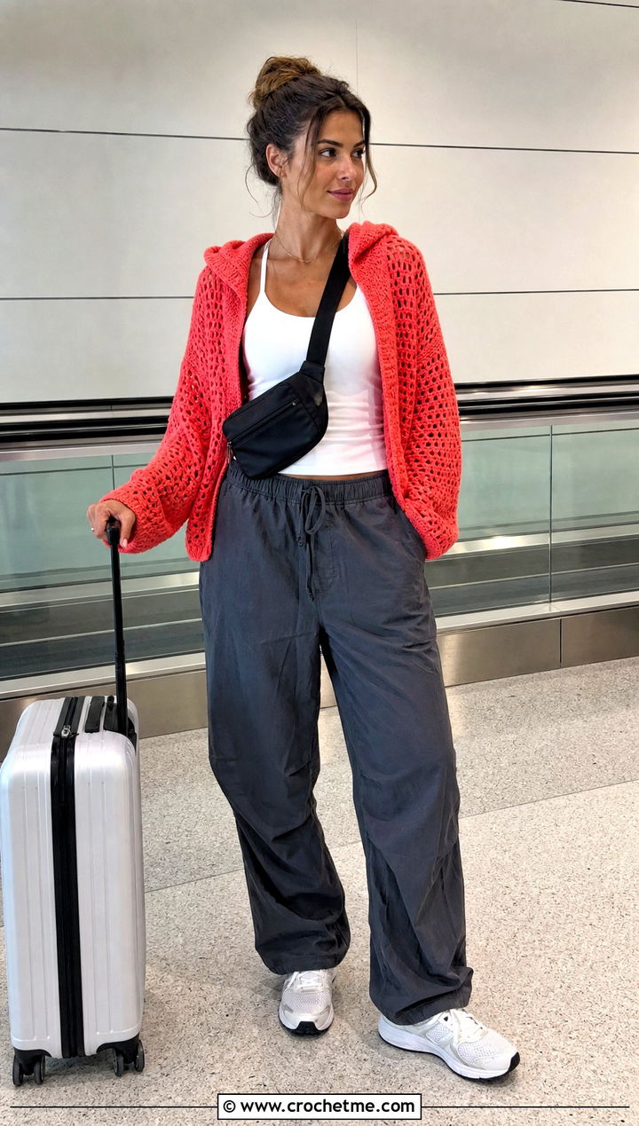 Hooded Crochet Sweater With Parachute Pants - 30 crochet women sweater outfit ideas