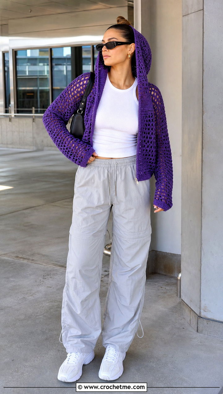 Hooded Crochet Sweater With Parachute Pants - 15 Summer Style Crochet Sweater outfit ideas