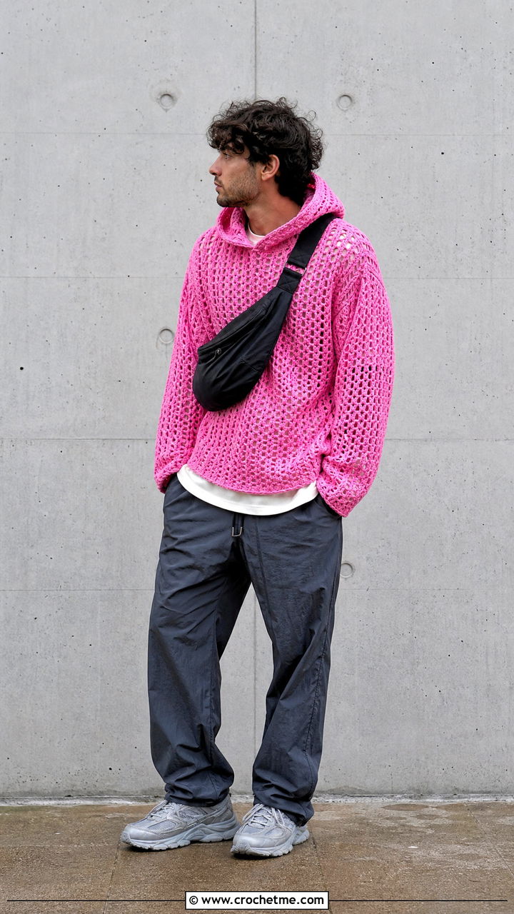 Hooded Crochet Sweater With Parachute Pants - 35 crochet mens sweater outfit ideas