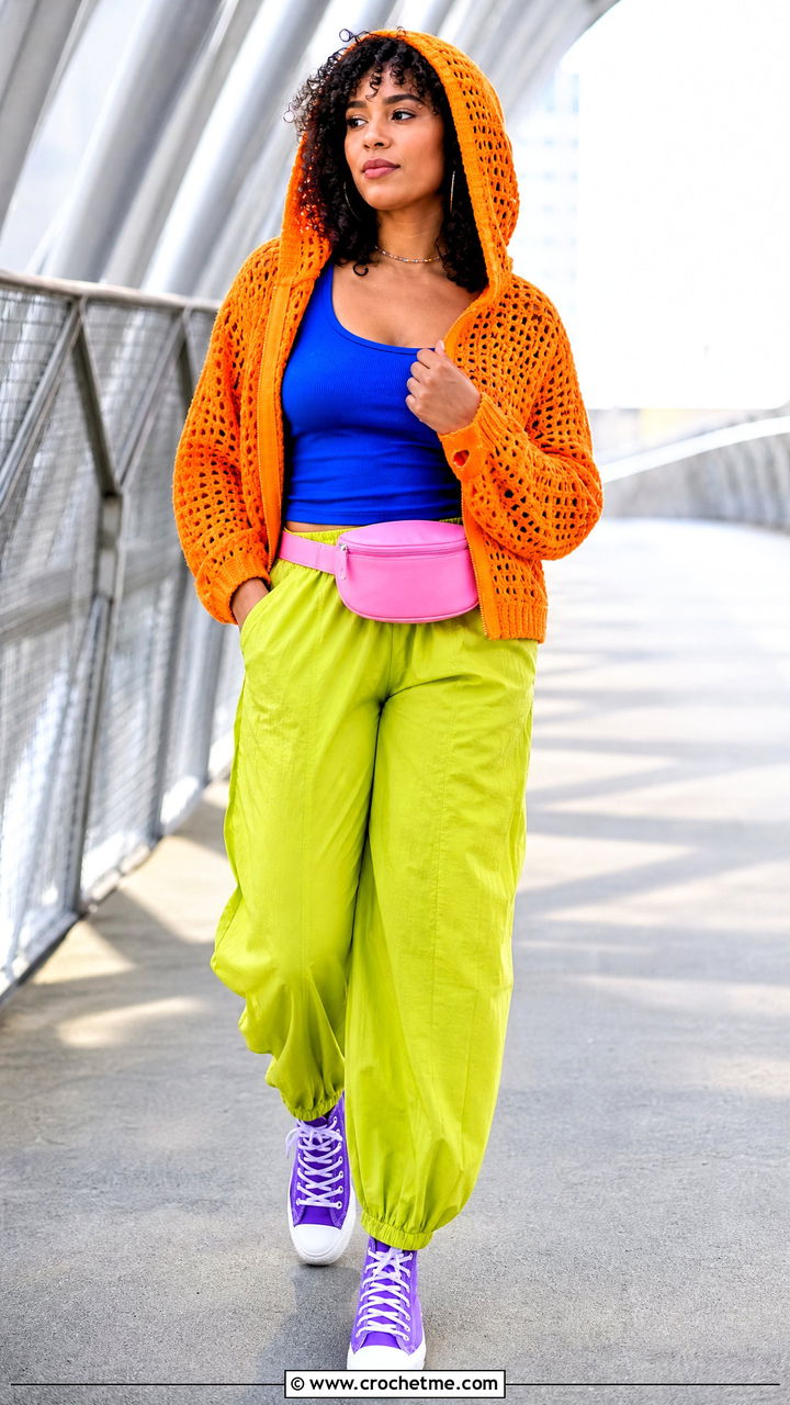 Hooded Crochet Sweater With Parachute Pants - 35 crochet sweater design outfit ideas