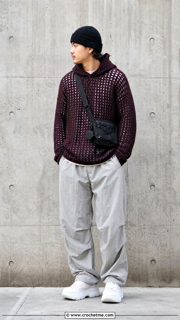 Hooded Crochet Sweater With Parachute Pants - 35 crochet sweater for men outfit ideas
