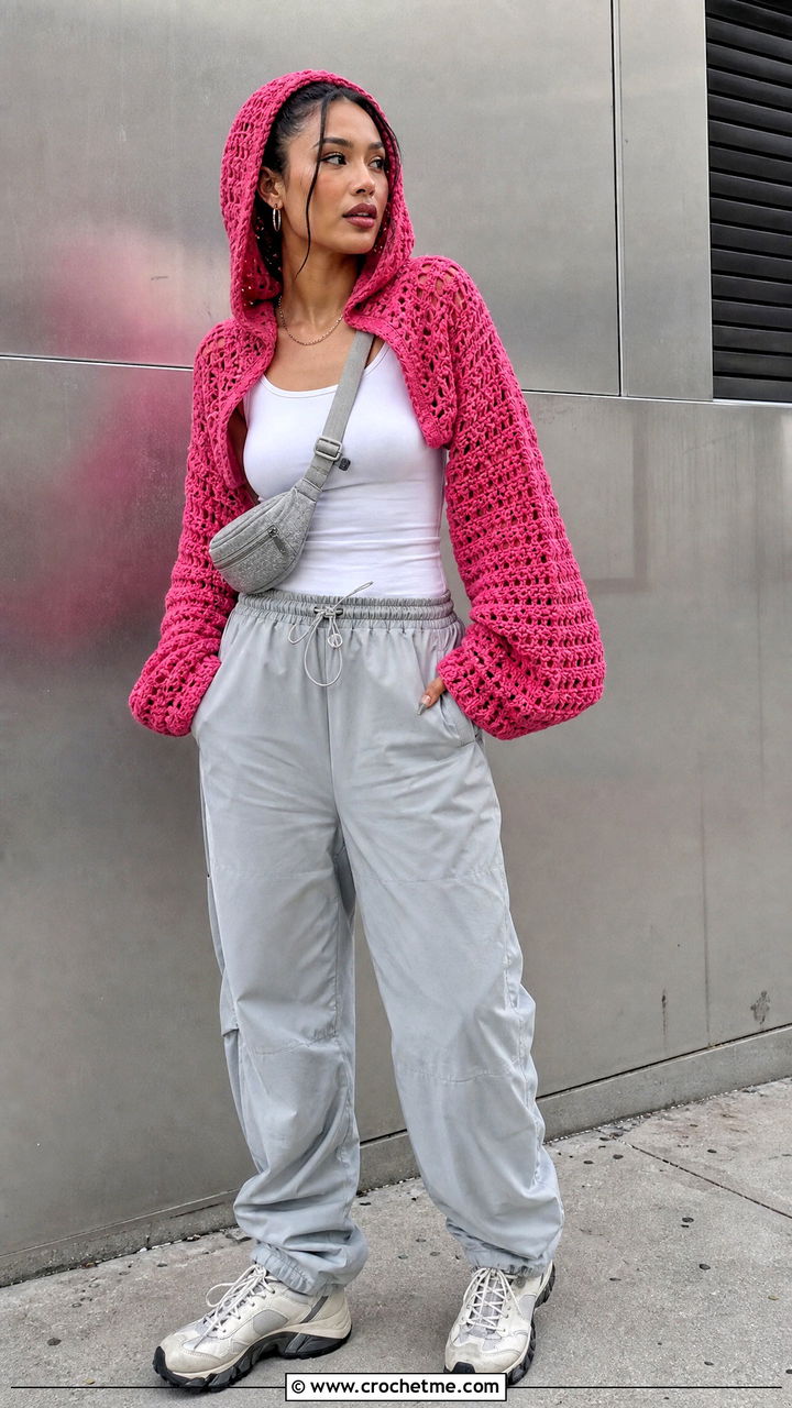 Hooded Crochet Sweater With Parachute Pants - 35 cute crochet sweaters outfit ideas