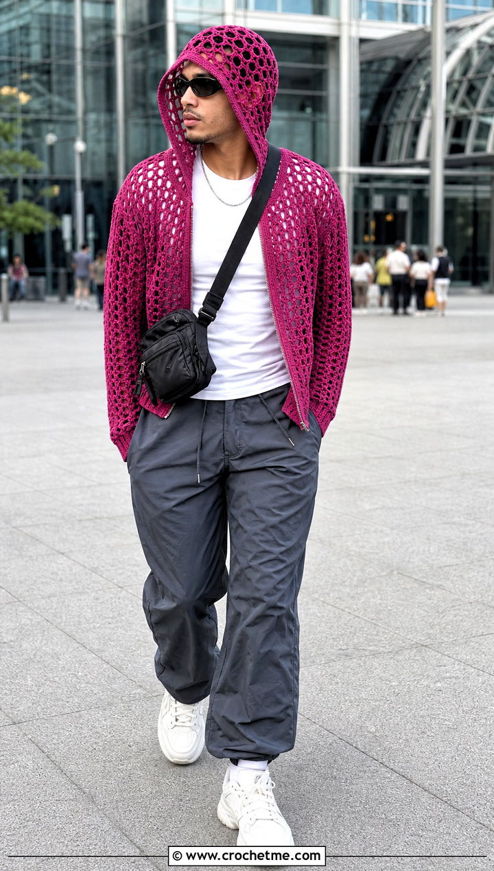 Hooded Crochet Sweater With Parachute Pants - 25 Mens Crochet Sweaters outfit ideas