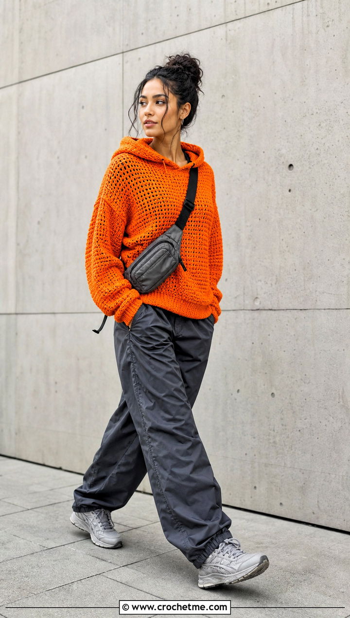 Hooded Crochet Sweater With Parachute Pants - 30 crochet sweater inspiration outfit ideas