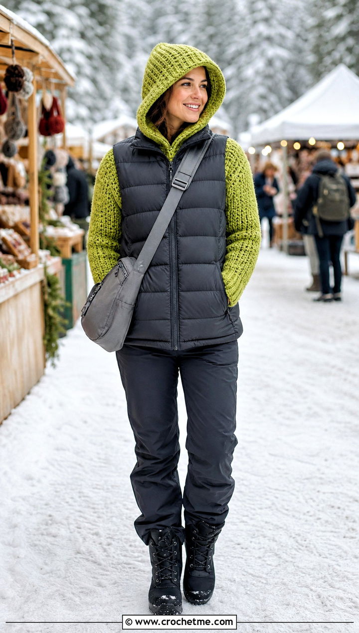 Hooded Crochet Sweater With Puffer Vest - 30 winter crochet sweater outfit ideas