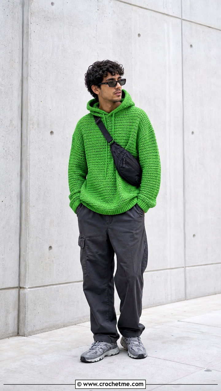 Hooded Crochet Sweater With Relaxed Cargos - 25 unisex crochet sweater outfit ideas