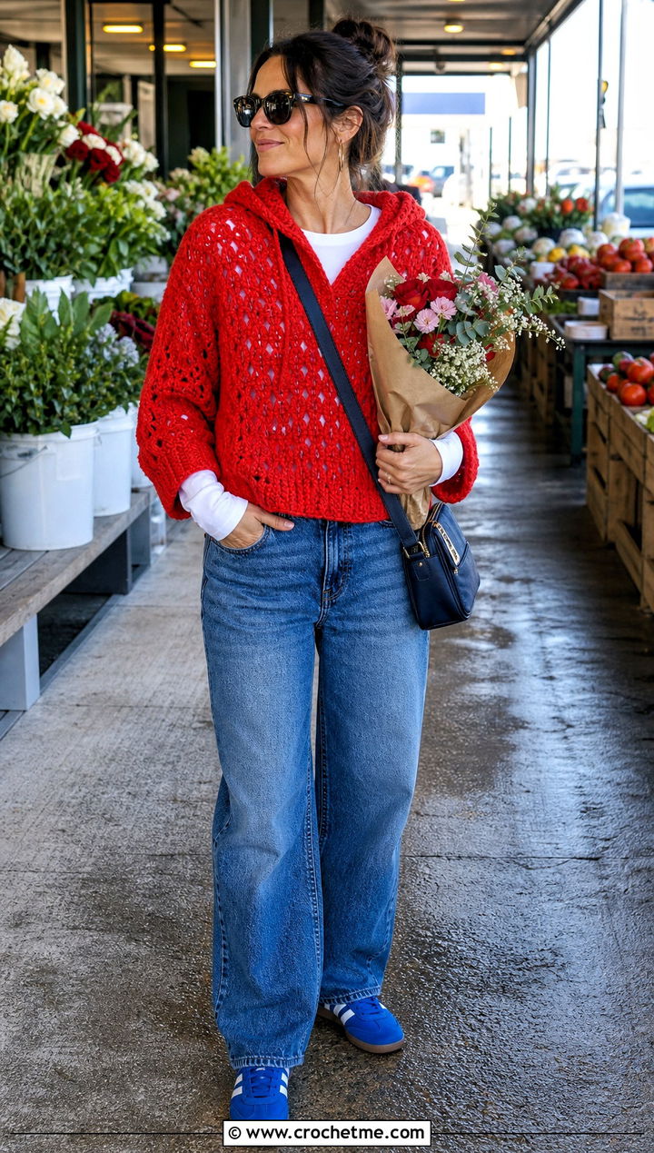 Hooded Crochet Sweater With Relaxed Jeans - 25 Valentines Day Crochet Sweater outfit ideas