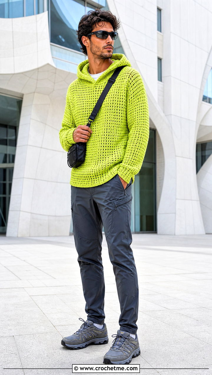 Hooded Crochet Sweater With Technical Pants - 35 crochet man sweaters outfit ideas