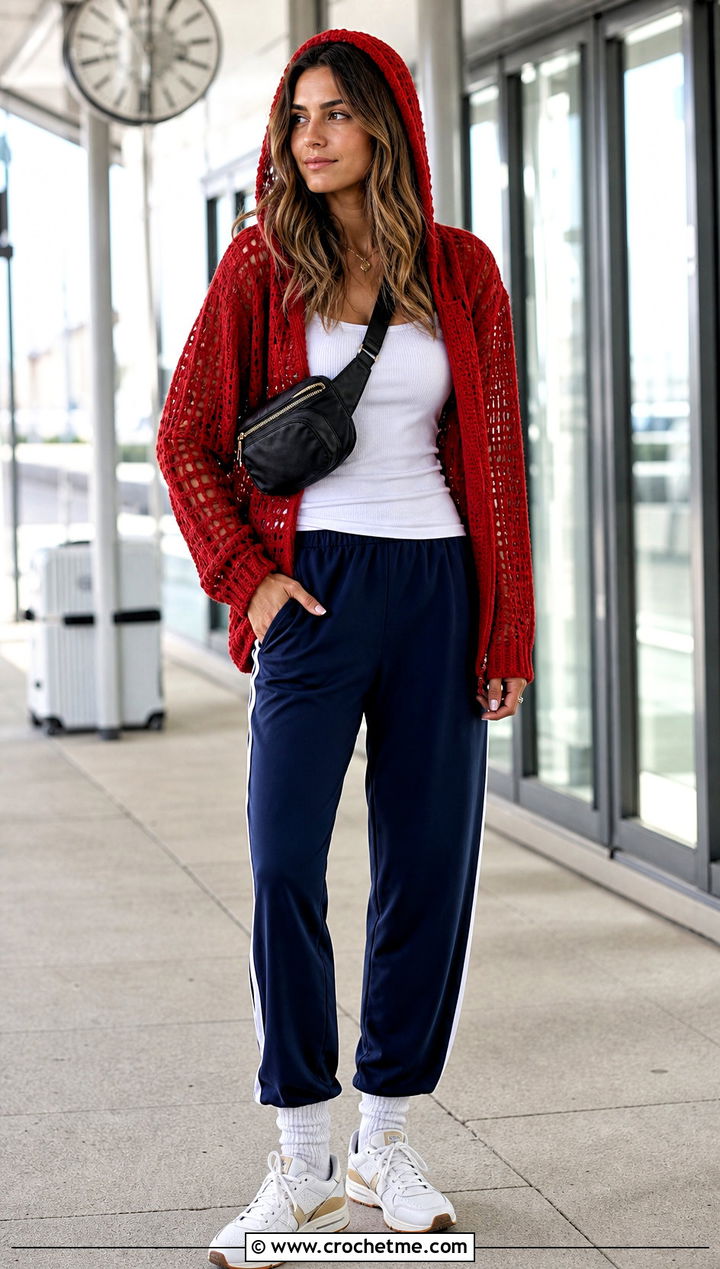 Hooded Crochet Sweater With Track Pants - 15 Bohemian Style Crochet Sweater outfit ideas