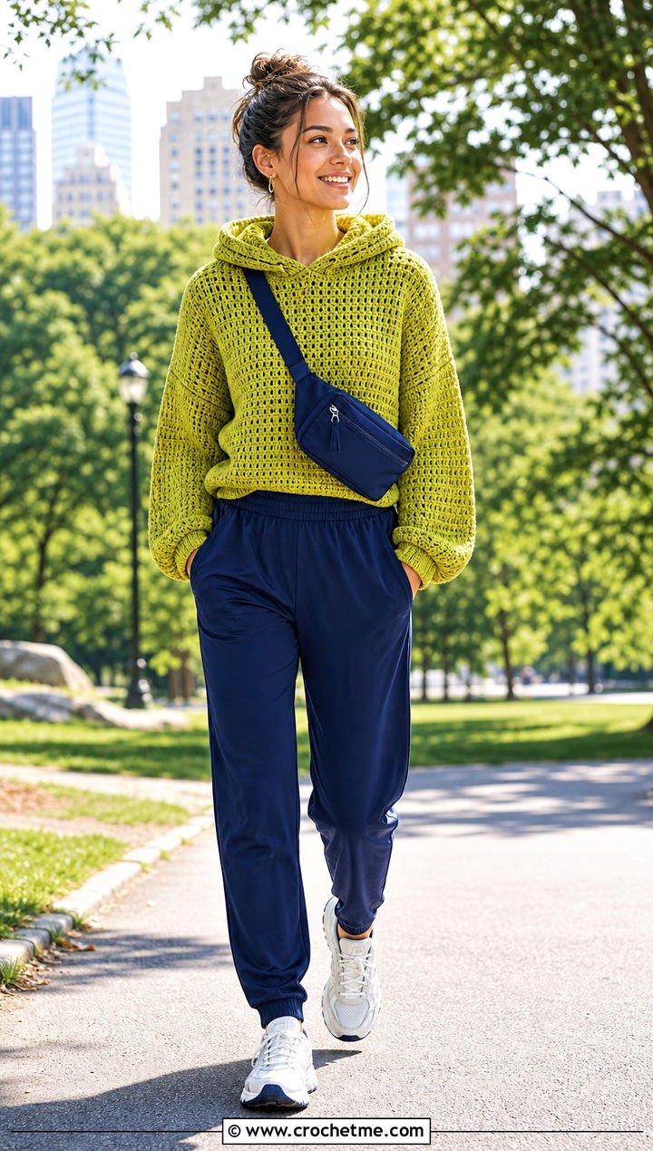 Hooded Crochet Sweater With Track Pants - 15 Crochet Comfy Sweater outfit ideas