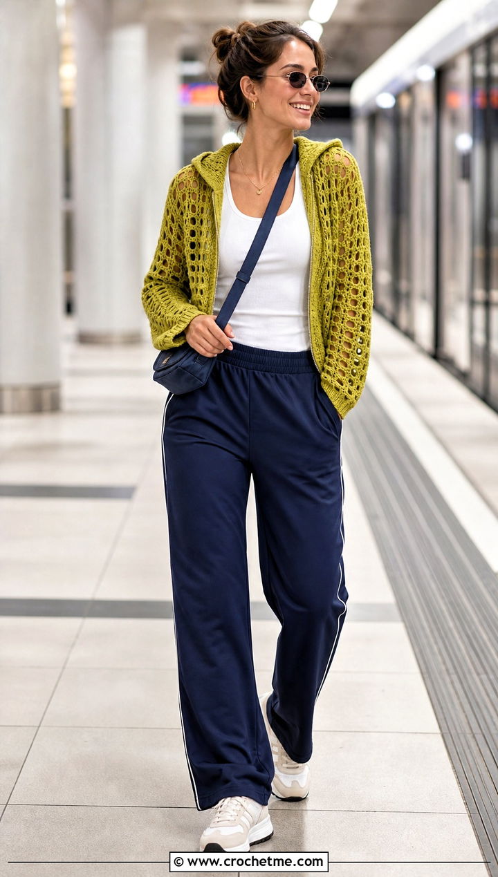 Hooded Crochet Sweater With Track Pants - 15 Modern Crochet Sweater outfit ideas