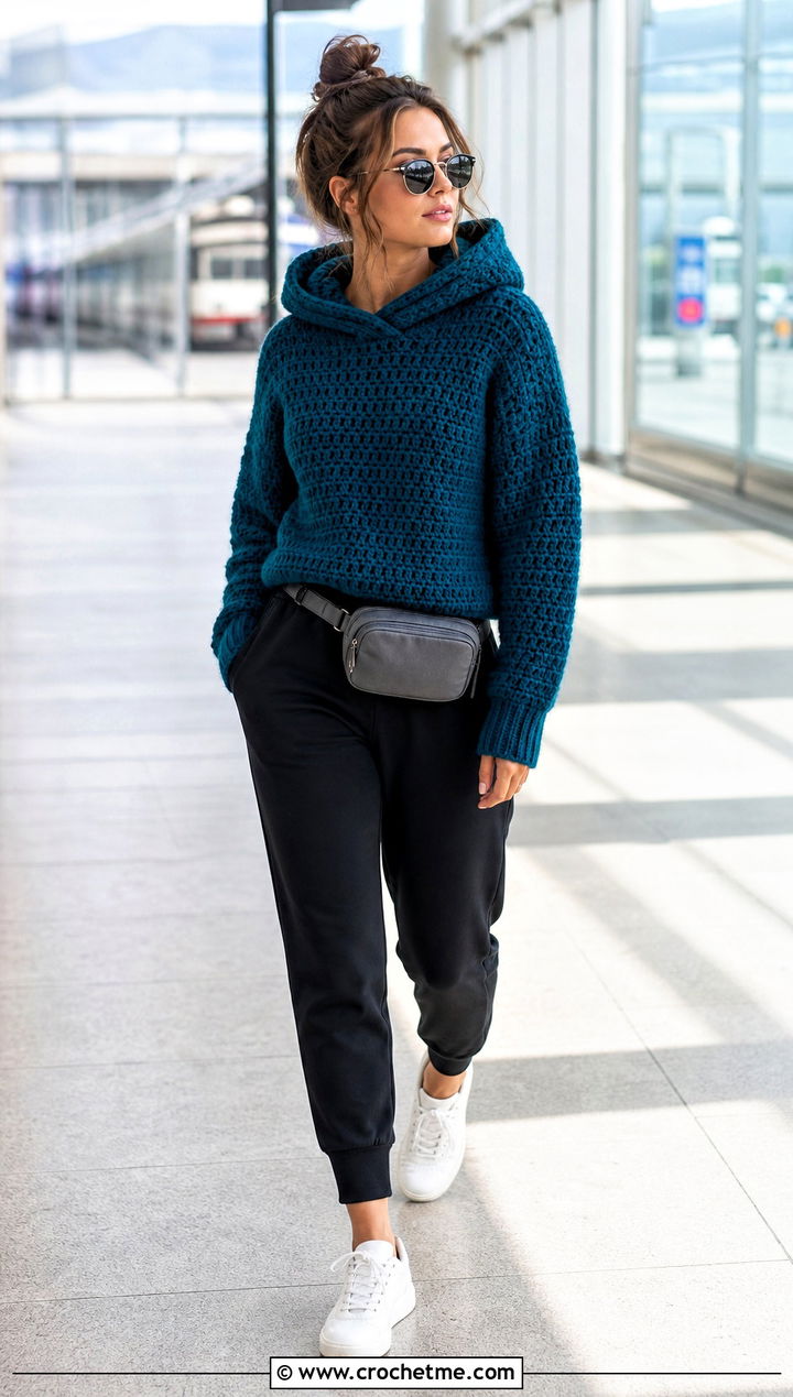 Hooded Crochet Sweater With Track Pants - 20 Autumn Crochet Sweater outfit ideas