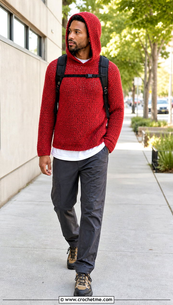 Hooded Crochet Sweater With Utility Pants - 25 man crochet sweater outfit ideas