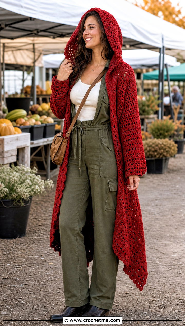 Hooded Crochet Sweater Wrap With Utility Jumpsuit - 30 crochet sweater wrap outfit ideas