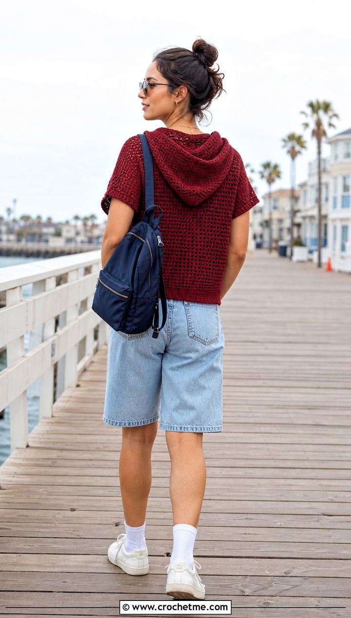 Hooded Crochet T Shirt With Denim Shorts - 30 crochet t shirts outfit ideas