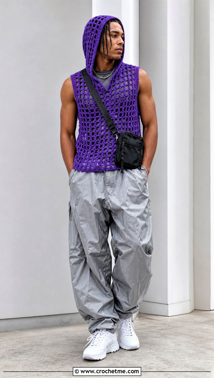 Hooded Crochet Tank Top With Parachute Pants - 25 crochet mens tank top outfit ideas