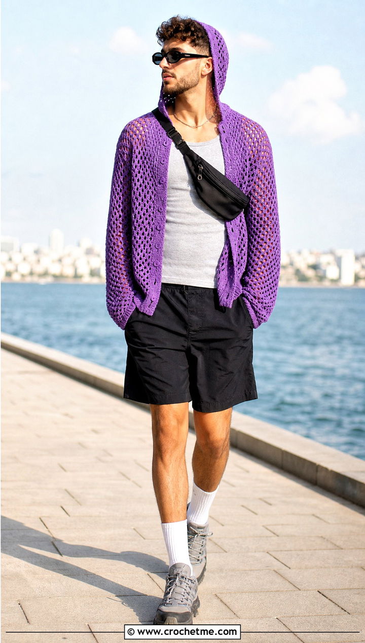 Hooded Crochet Top With Nylon Shorts - 35 Mens Crochet Top outfit ideas