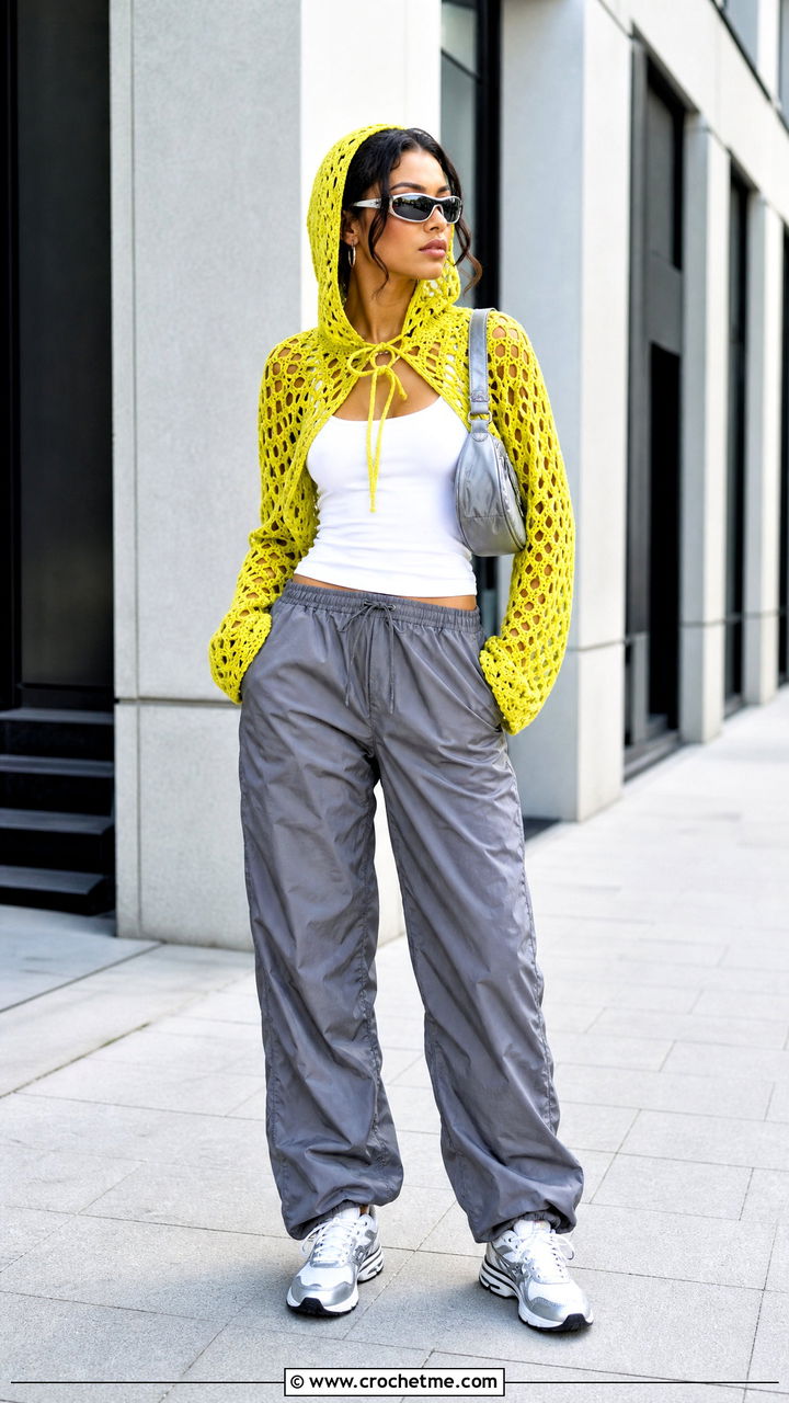 Hooded Crochet Top With Parachute Pants - 35 crochet top outfits ideas
