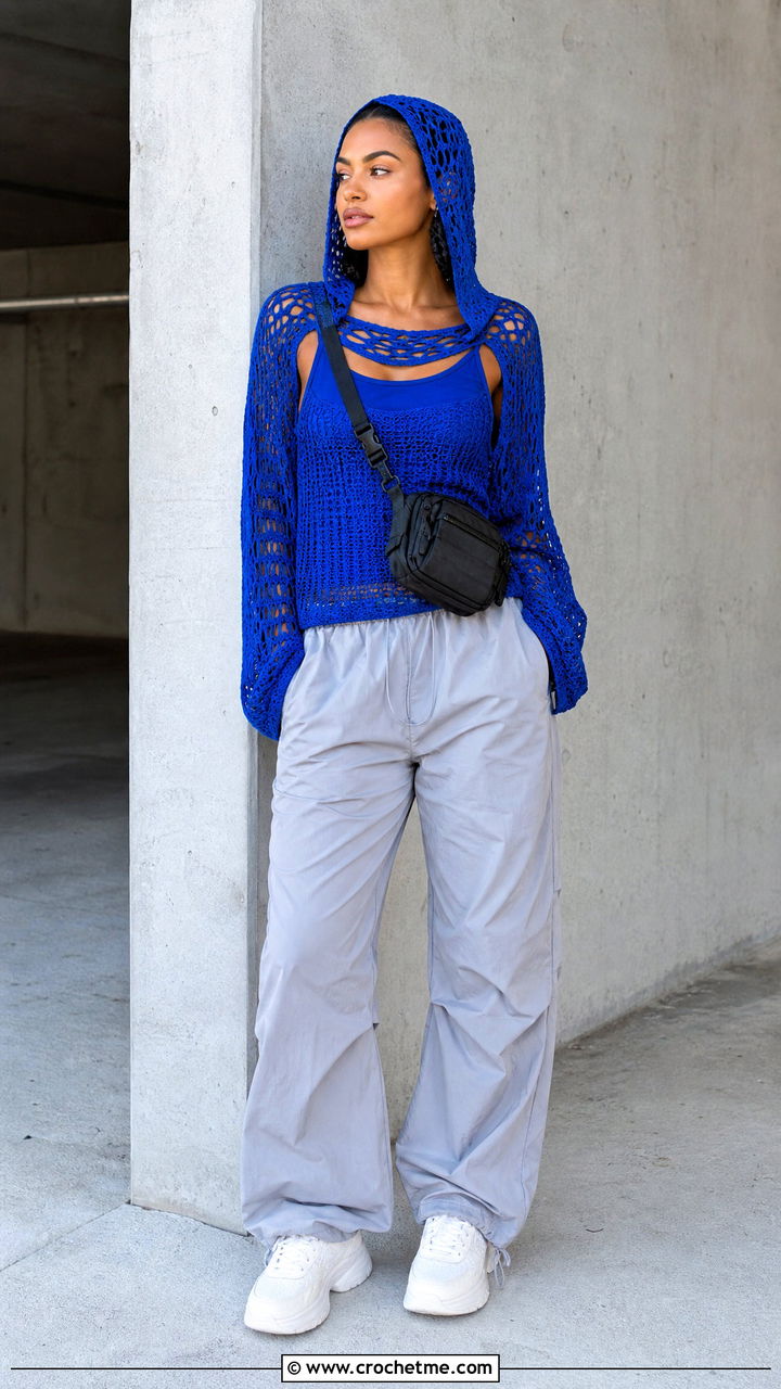 Hooded Crochet Top With Parachute Pants - 35 crocheted tops outfit ideas