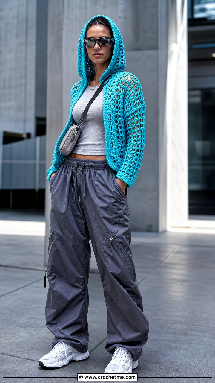 Hooded Crochet Top With Parachute Pants - 35 cute crochet tops outfit ideas