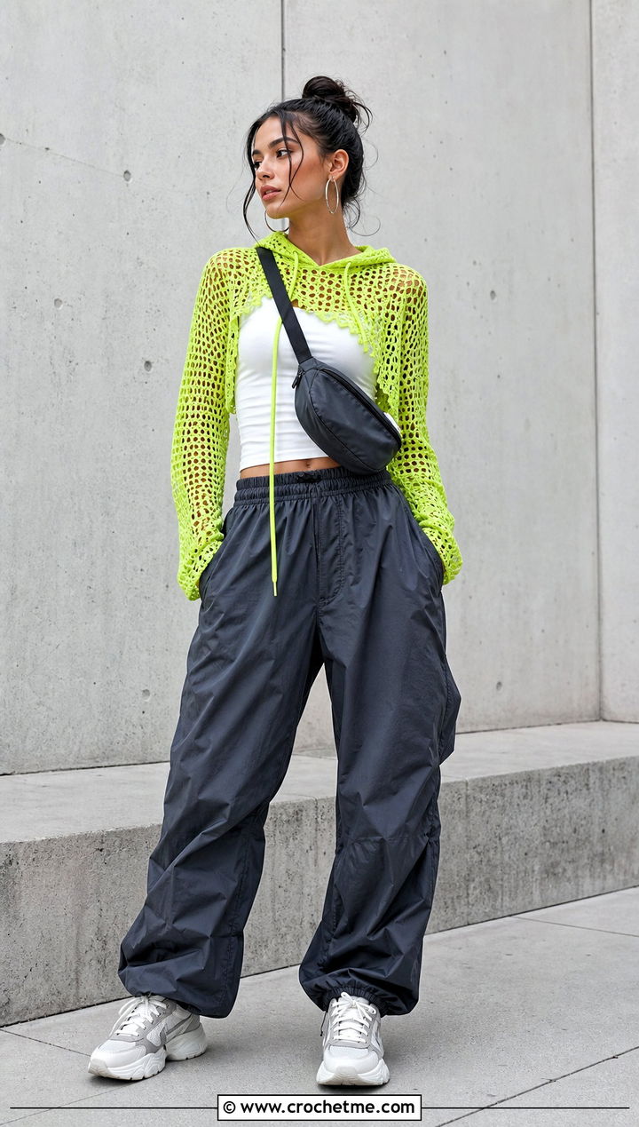 Hooded Crochet Top With Parachute Pants - 35 style crochet top outfit ideas
