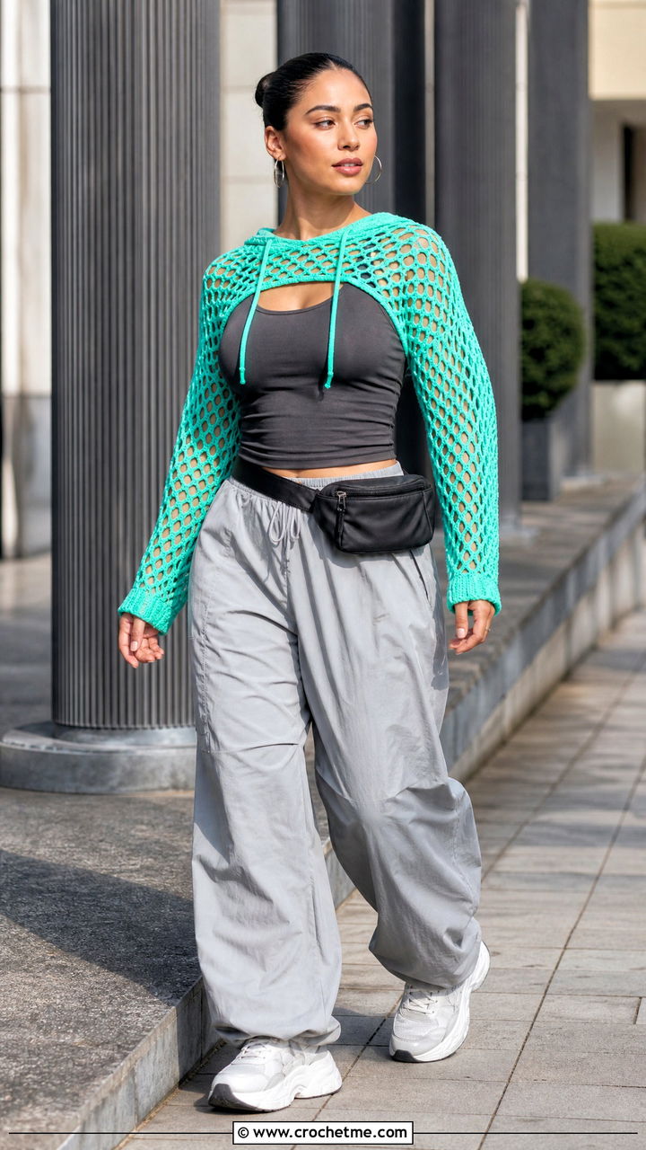Hooded Crochet Top With Parachute Pants - 35 trendy crochet tops outfit ideas