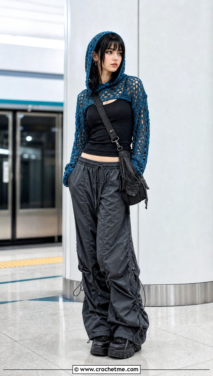 Hooded Crochet Top With Parachute Pants - 25 emo crochet top outfit ideas