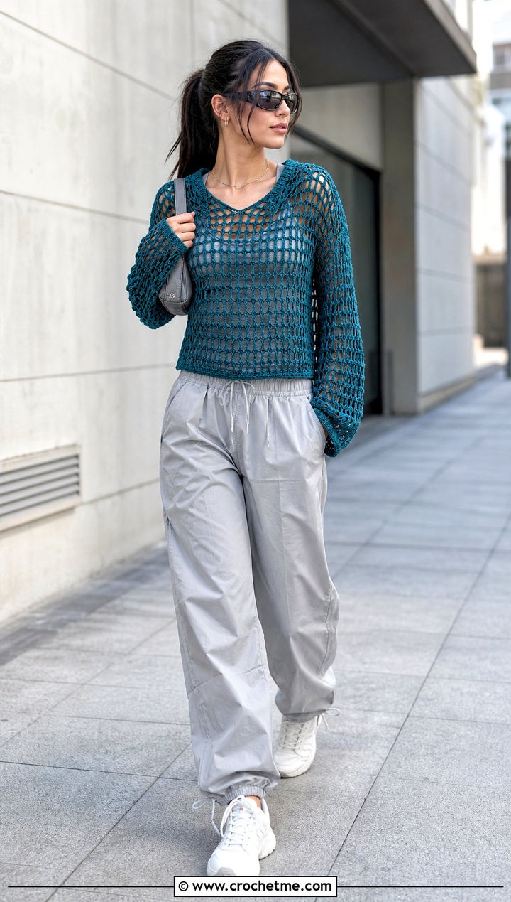 Hooded Crochet Top With Parachute Pants - 25 freestyle crochet top outfit ideas