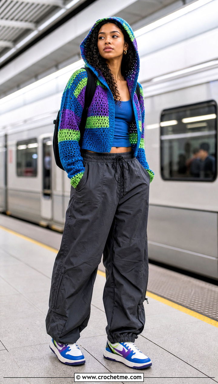 Hooded Crochet Top With Parachute Pants - 30 multi color crochet top outfit ideas