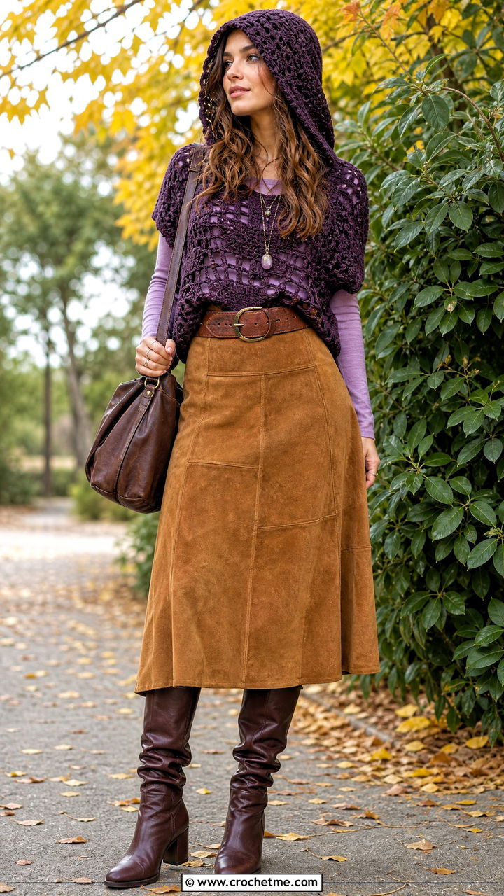Hooded Crochet Top With Suede Skirt - 35 hippie crochet top outfit ideas