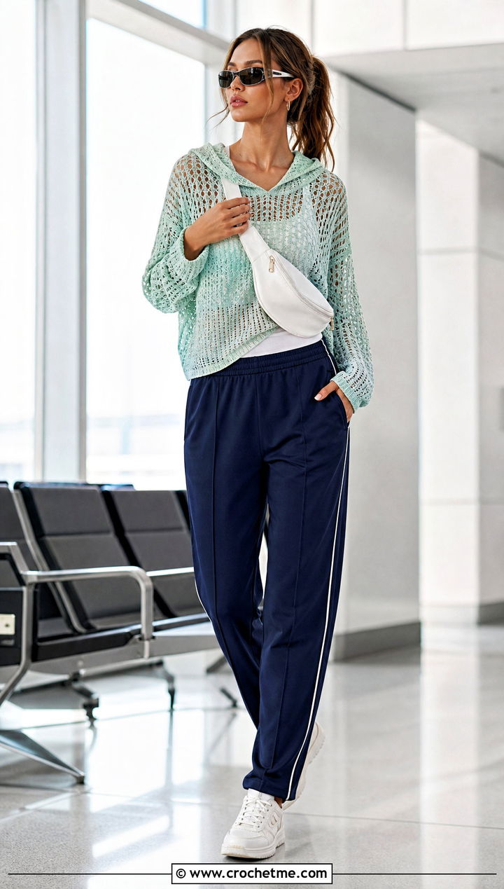 Hooded Crochet Top With Track Pants - 35 spring summer crochet clothes ideas