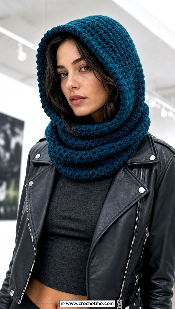 Hooded Crochet Tube Scarf With Leather Jacket - 20 Crochet Tube Scarf outfit ideas