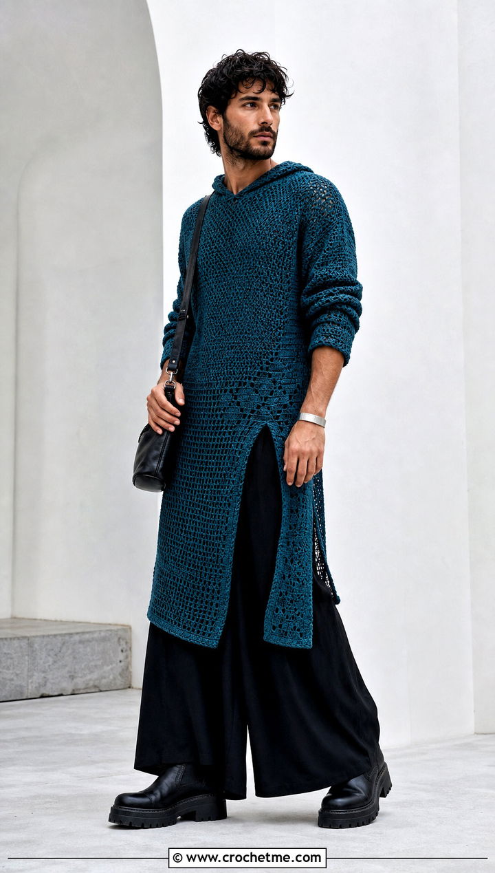 Hooded Crochet Tunic With Wide Leg Pants - 35 crochet hoodie for men outfit ideas