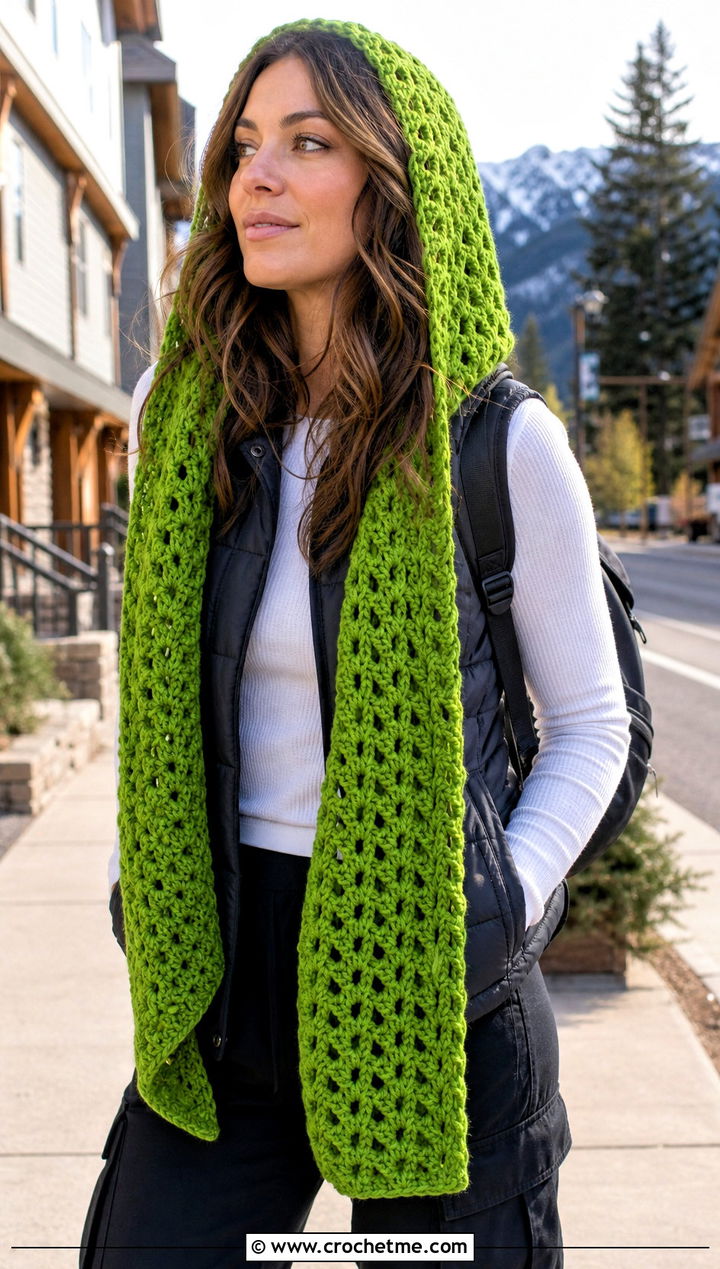 Hooded Crochet V Stitch Scarf With Puffer Vest - 30 crochet v stitch scarf outfit ideas