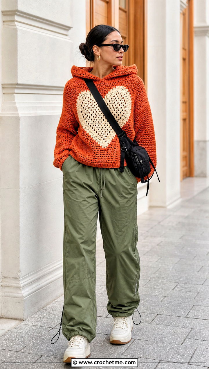 Hooded Crochet Valentine Sweater With Parachute Pants - 25 crochet valentine sweater outfit ideas