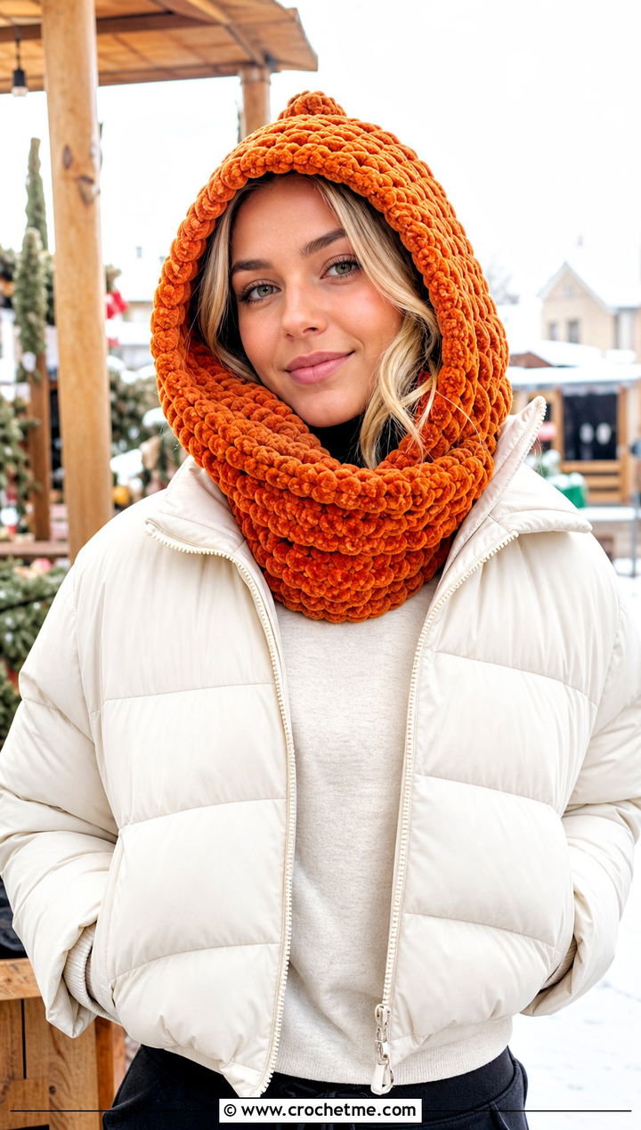 Hooded Crochet Velvet Scarf With Puffer Jacket - 25 Crochet Velvet Scarf outfit ideas