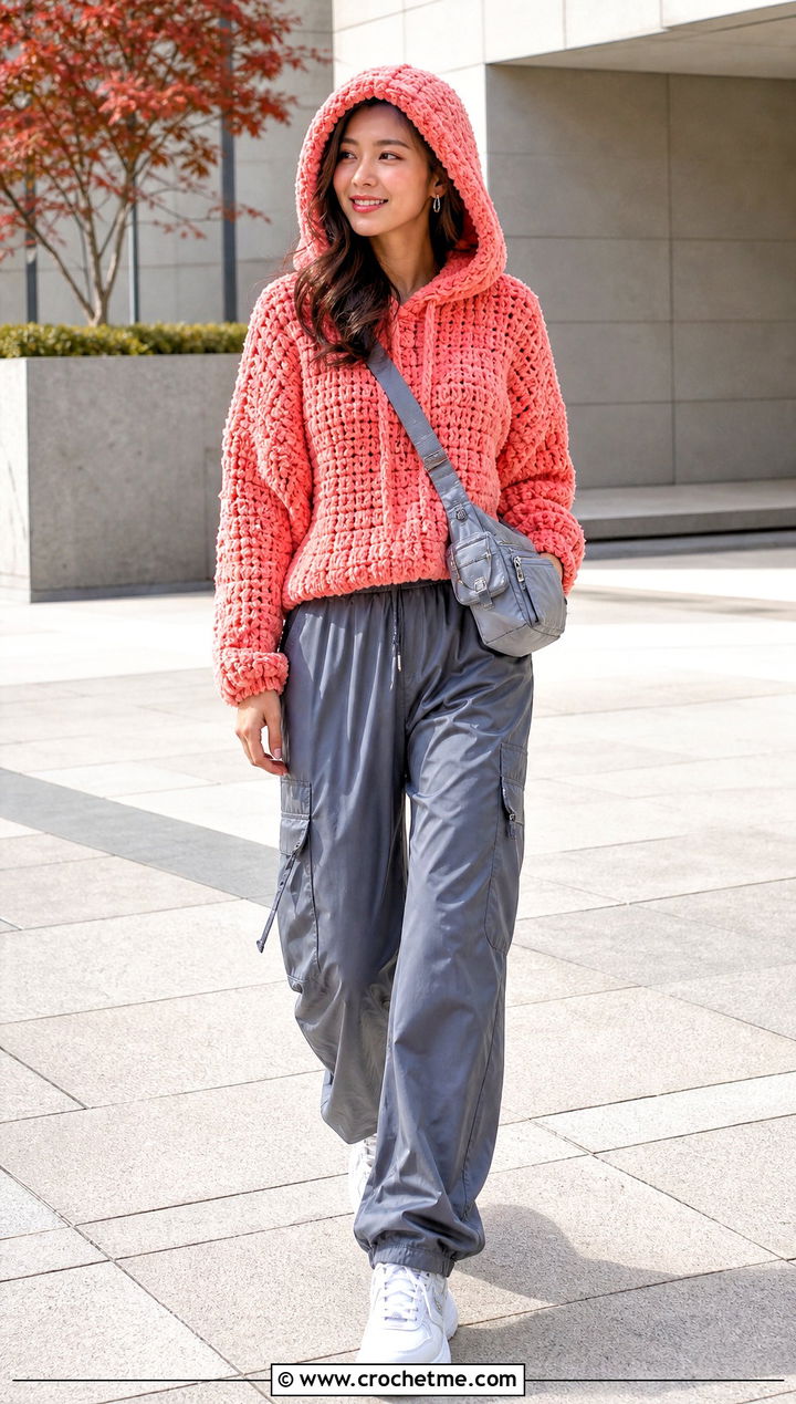 Hooded Crochet Velvet Sweater With Parachute Pants - 20 Crochet Velvet Sweater outfit ideas