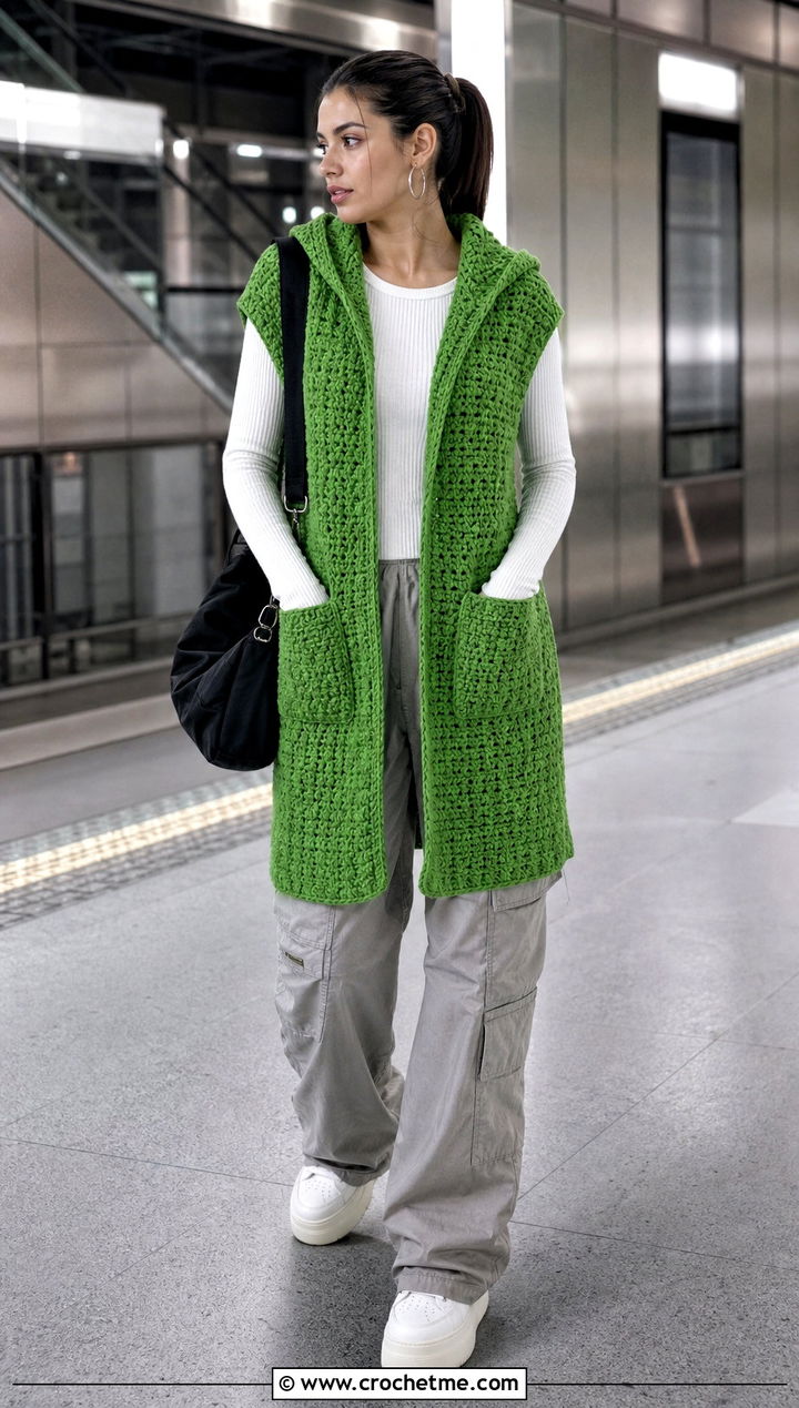 Hooded Crochet Vest Coat With Cargo Pants - 15 crochet vest coats & jackets outfit ideas