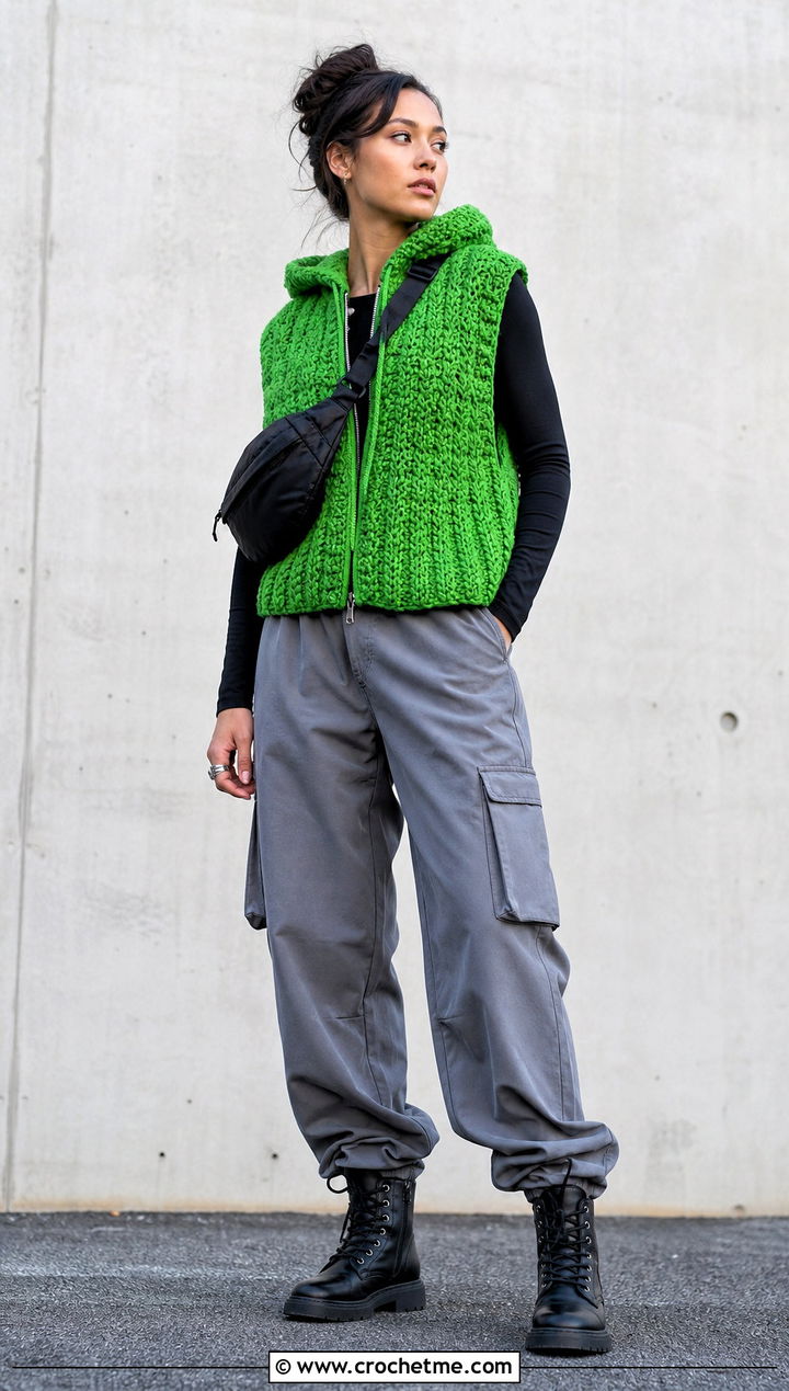 Hooded Crochet Vest With Cargo Pants - 15 Boho Style Crochet Vest outfit ideas