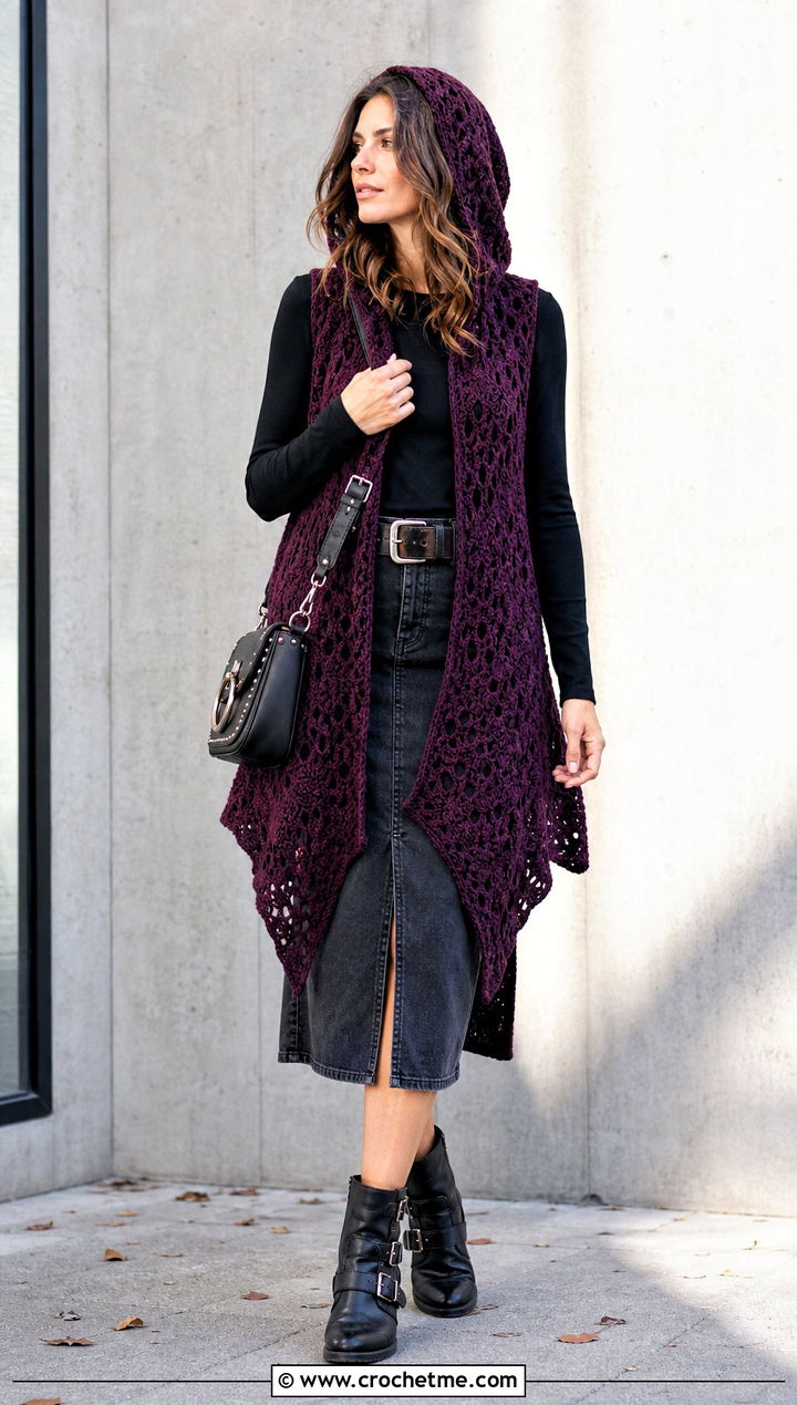 Hooded Crochet Vest With Denim Skirt - 15 goth crochet clothing and outfit ideas