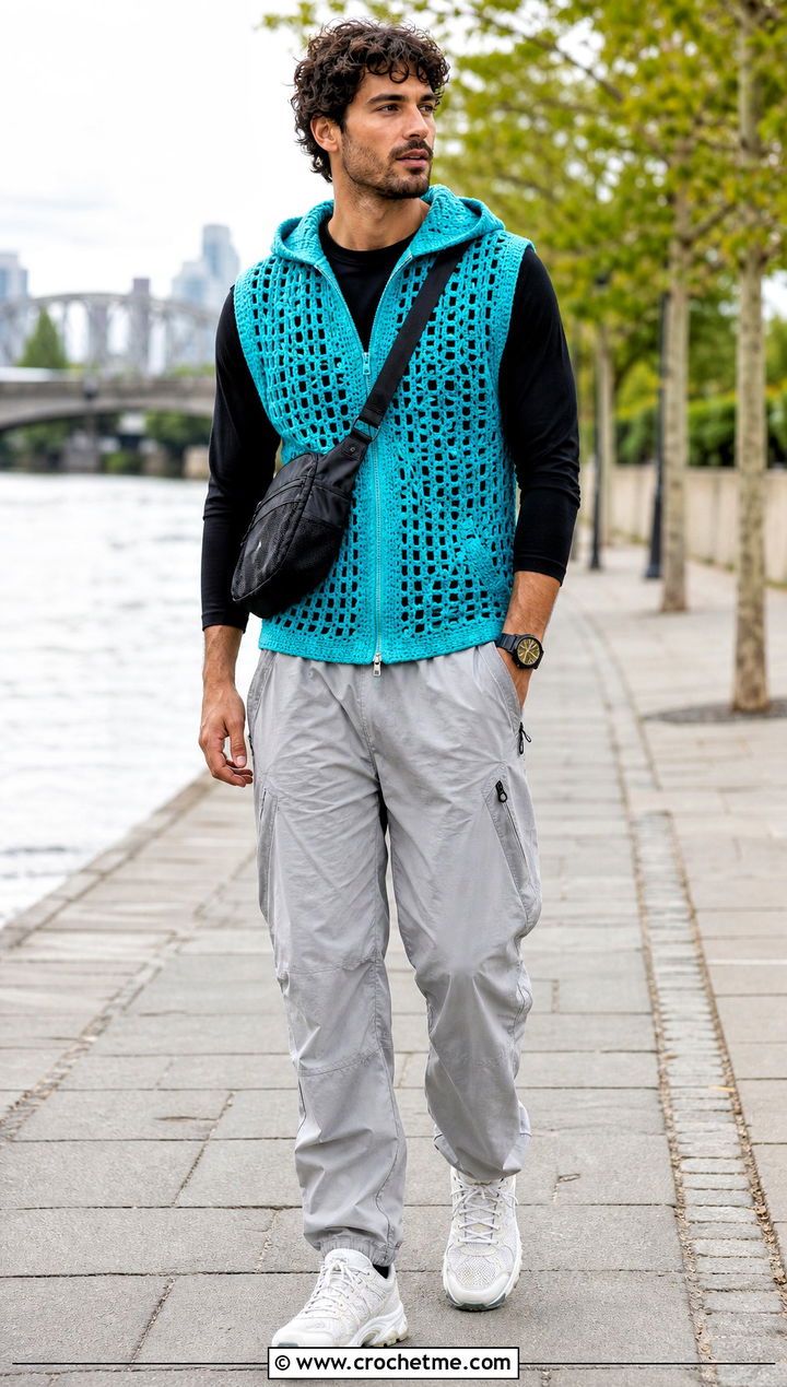 Hooded Crochet Vest With Long Sleeve Tee And Parachute Pants - 30 mens crochet vest outfit ideas