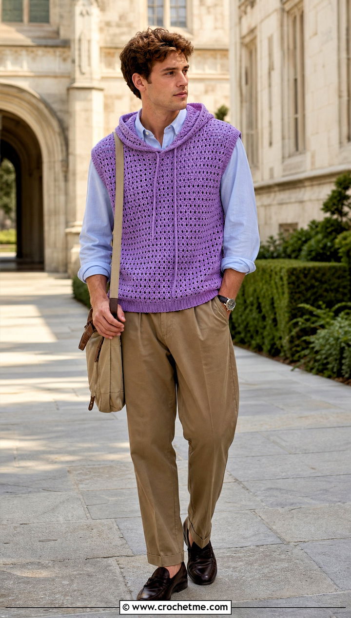 Hooded Crochet Vest With Oxford Shirt - 35 crochet hoodie for men outfit ideas