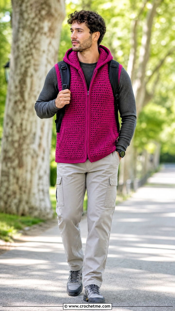 Hooded Crochet Vest With Thermal Shirt And Utility Pants - 35 crochet vest for men outfit ideas