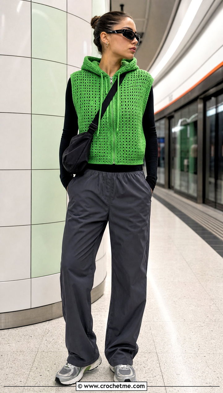 Hooded Crochet Vest With Track Pants - 35 crochet vest ideas