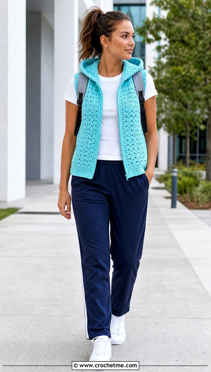 Hooded Crochet Vest With Track Pants - 15 Crochet For Ladies Vests outfit ideas