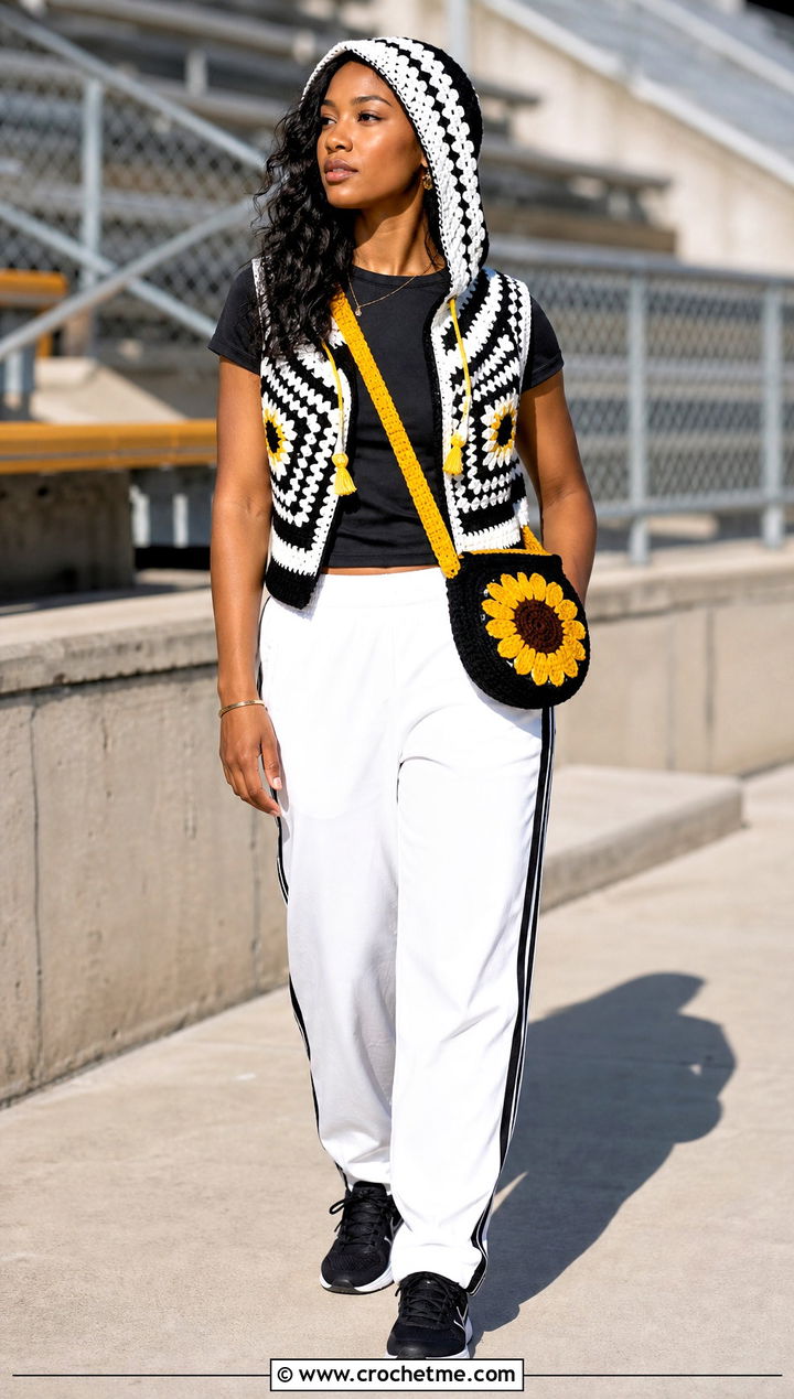 Hooded Crochet Vest With Track Pants - 30 black and white crochet vest outfit ideas